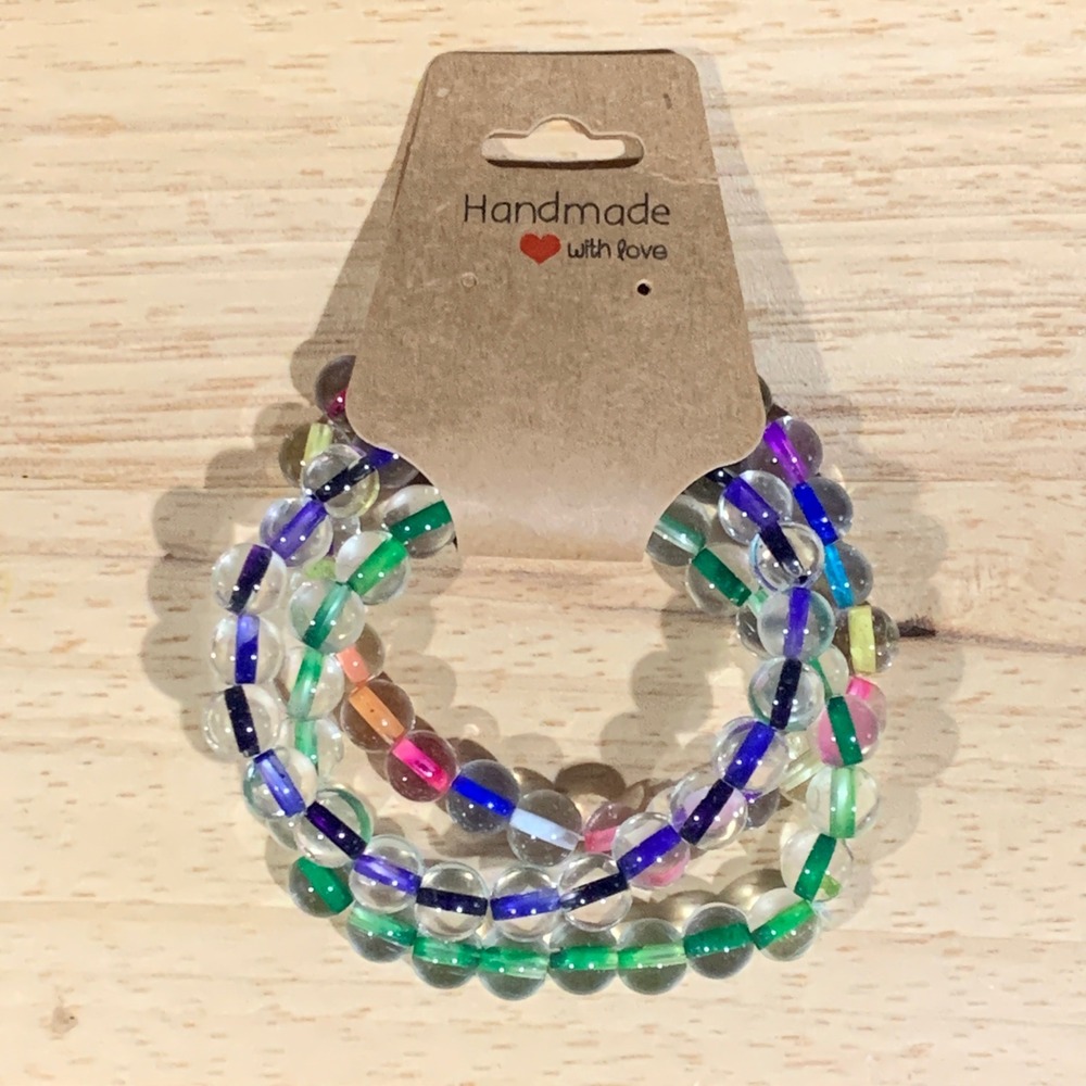 Handmade Beaded Bracelet Women OS 3pc Set Clear Glass Rainbow Core Kidcore Boho